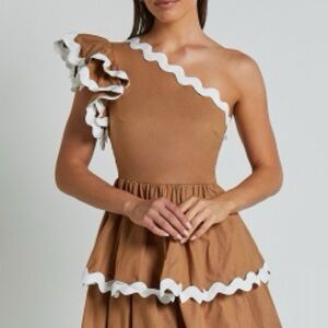 Showpo Brown One-Shoulder Dress with White Accents